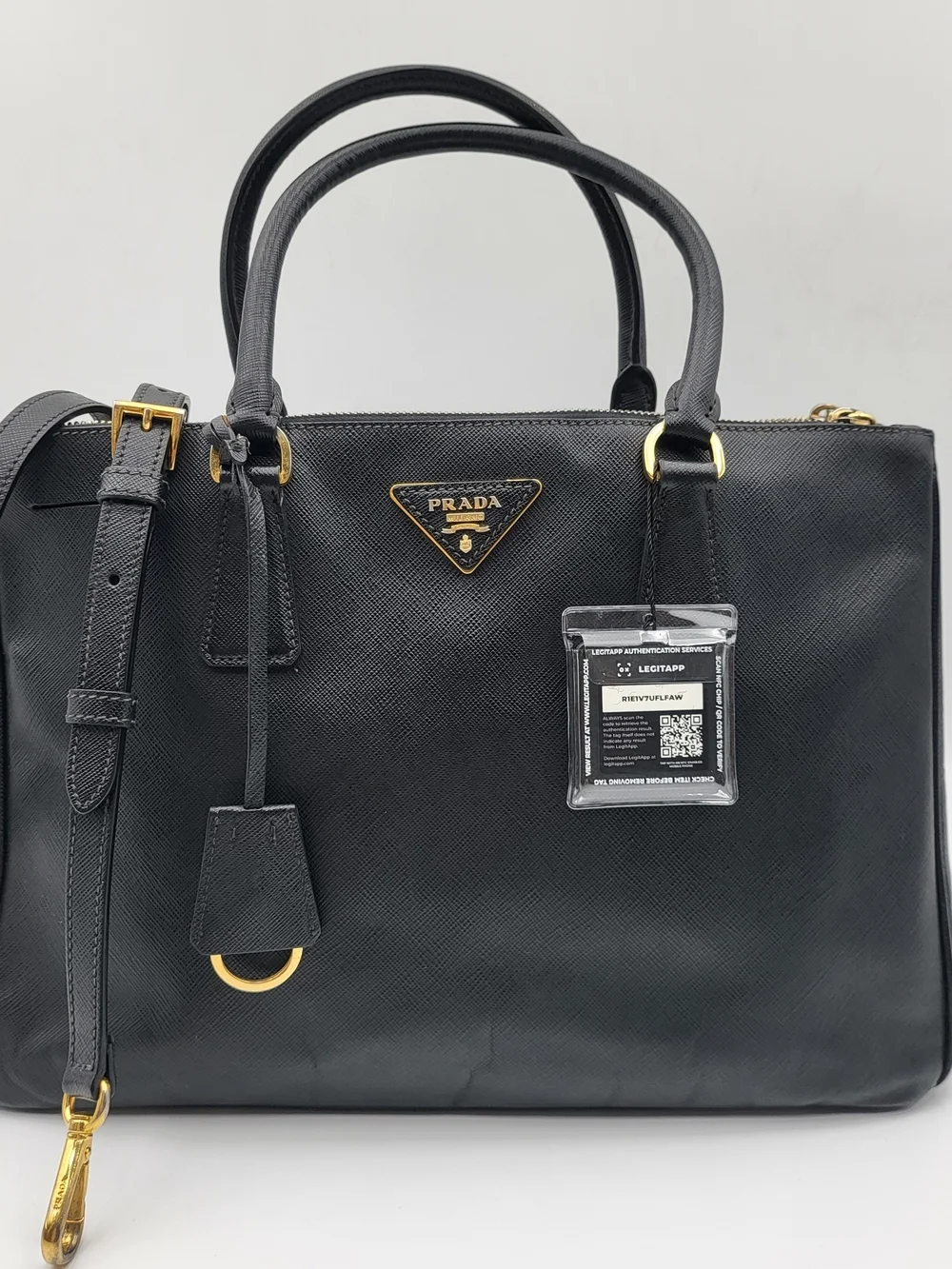 PRADA Black Saffiano Galleria Lux Leather Double Zip Medium Tote Bag,Auth w/COA.